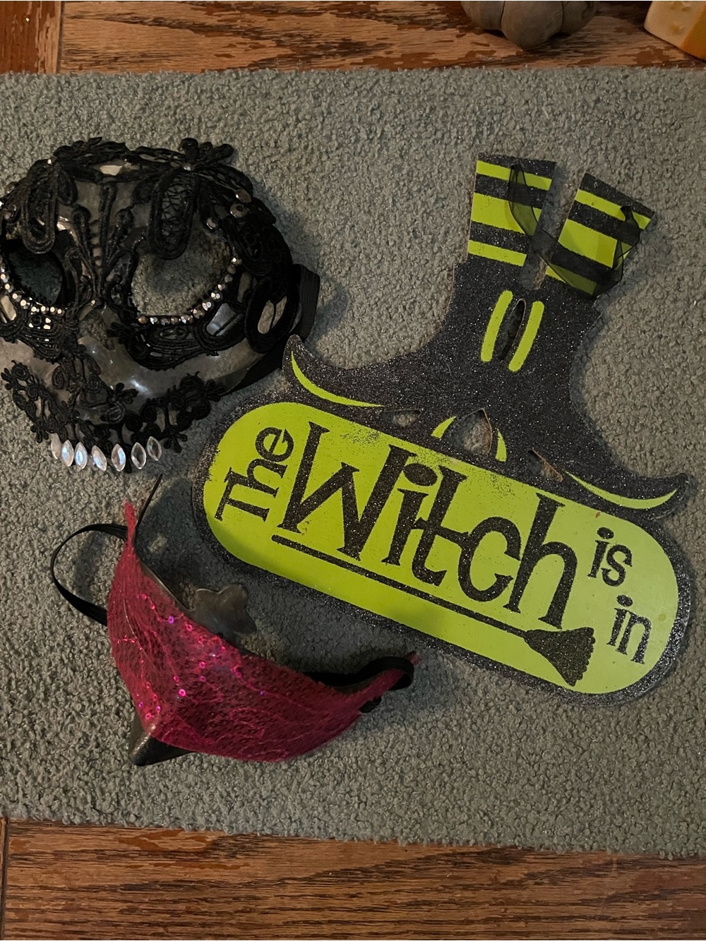 Lot 3 Halloween Items Two Goth Masks with One Witch Sign